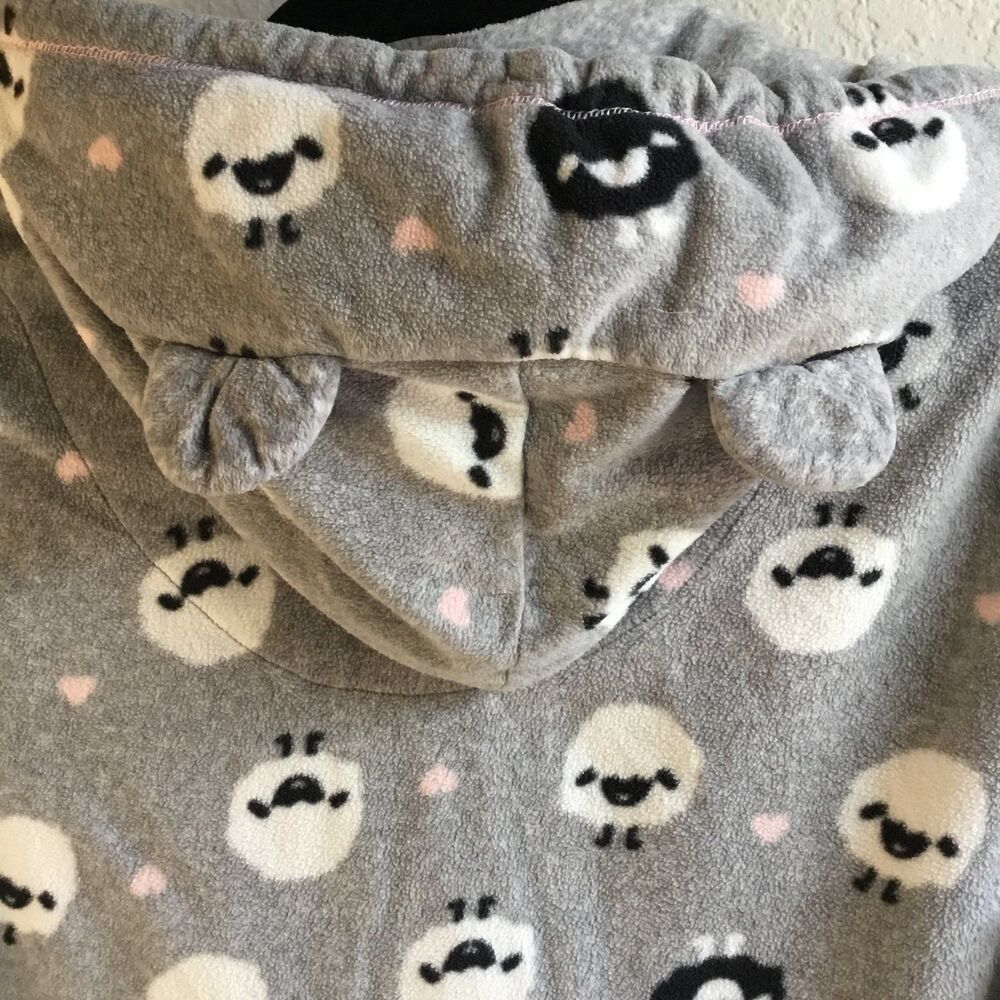 Hooded fleece sheep pj top nightwear ears on hood loungewear grey black white M - Picture 5 of 8